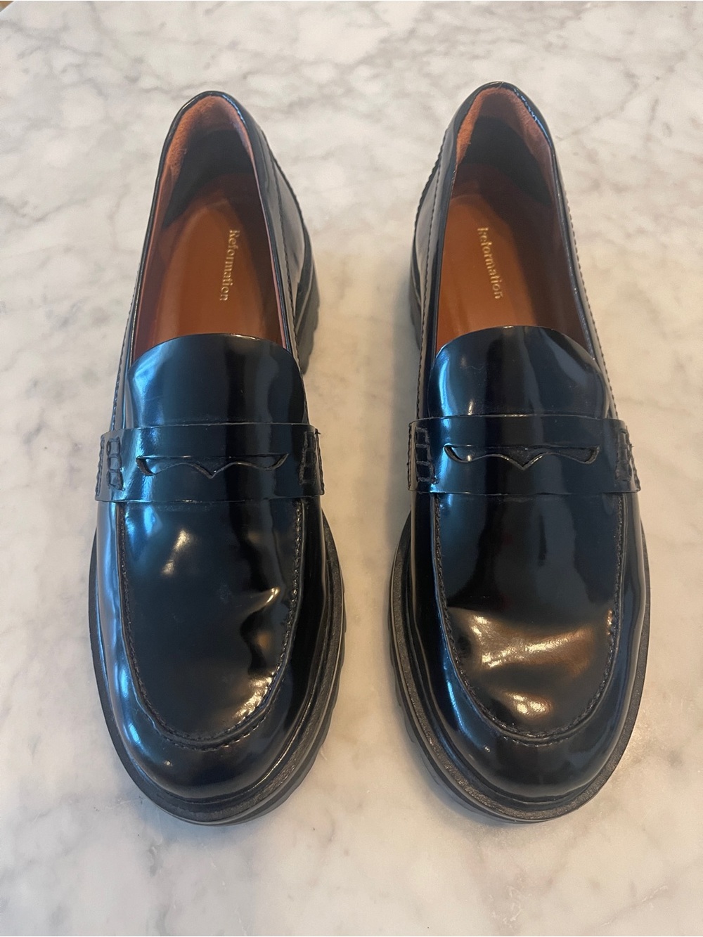 Reformation Agathea Chunky Black Patent Penny Loafers